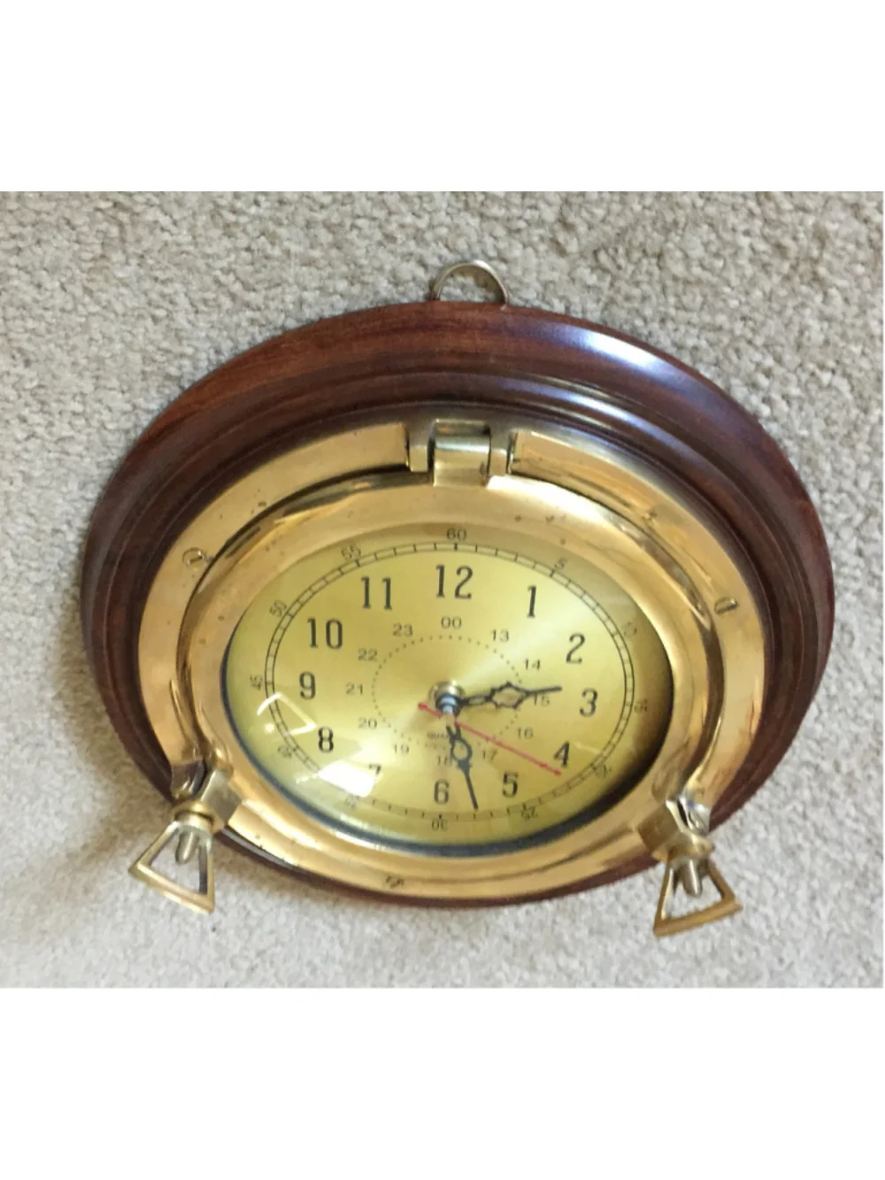 Nautical Ship’s Clock Porthole Look Brass & dark wood 10 Inch Working